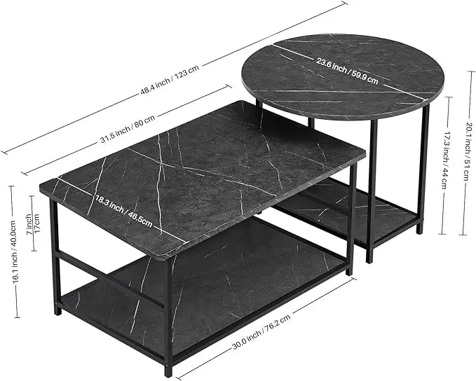 WOHOMO Coffee Table, Black Modern Coffee Tables for Living Room 2 in 1Detachable Small Center Table Set with Storage, Black Marble - LeafyLoom