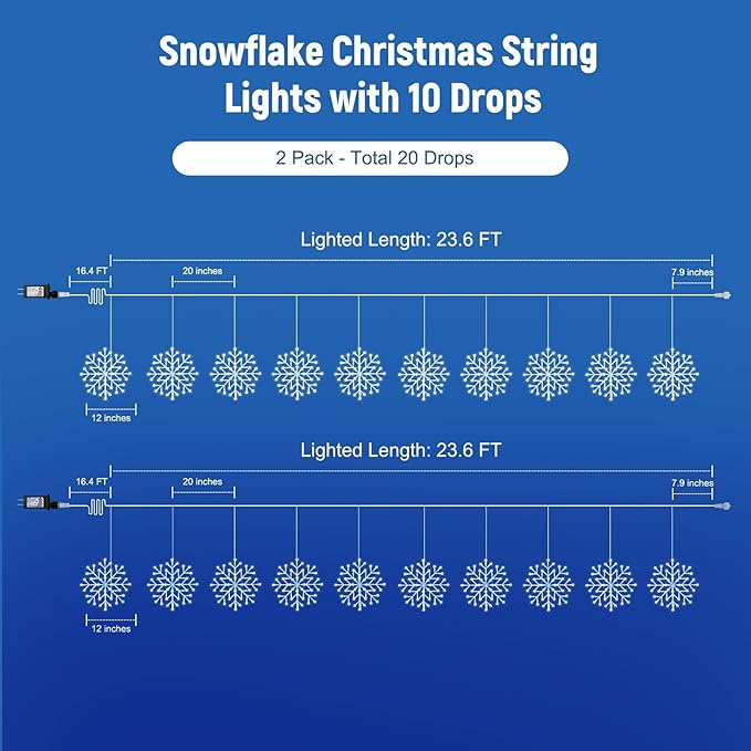 Brightown 2 Pack Christmas Snowflake Icicle Lights Outdoor - Plug-in 23.6ft 10 Drops 480LED Snowflake Window Lights, Connectable for Indoor Outdoor Porch Eaves Rooftops Christmas Decoration Brightown