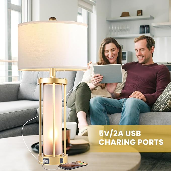 Table Lamps for Living Room Set of 2,26" Tall Gold Bedside Farmhouse Table Lamps with LED Lantern Nightlight,Bedroom Nightstand Lamps with Dual USB Port Grey White Shade (Bulbs Included) - LeafyLoom