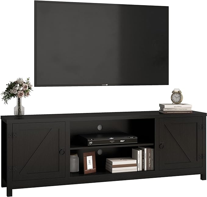 Panana Modern Farmhouse TV Stand, Entertainment Center for 70 inch TV with 2 Doors and Open Shelves for Living Room, Bedroom (Black, 65 inch) - LeafyLoom