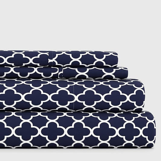 Linen Market 4 Piece Full Bedding Sheet Set (Navy Quatrefoil) - Sleep Better Than Ever with These Ultra-Soft & Cooling Bed Sheets for Your Full Size Bed - Deep Pocket Fits 16" Mattress - LeafyLoom