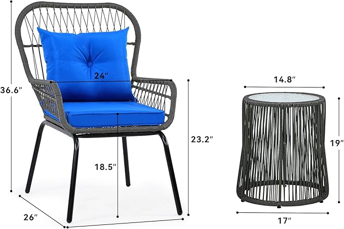 YITAHOME 3-Piece Outdoor Patio Furniture Wicker Bistro Set, All-Weather Rattan Conversation Chairs for Backyard, Balcony and Deck with Soft Cushions, Glass Side Table (Gray+Navy Blue) - LeafyLoom