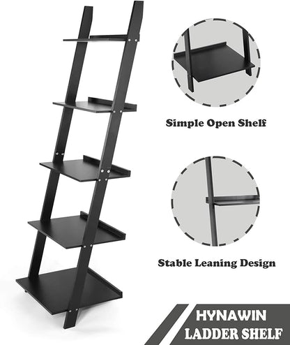 HYNAWIN Ladder Shelf 5 Tier Bookcase, Multipurpose Plant Flower Stand Bookshelf Storage Rack Shelves, Wood Look Accent Bamboo Frame Modern Furniture Home Office (Black) - LeafyLoom