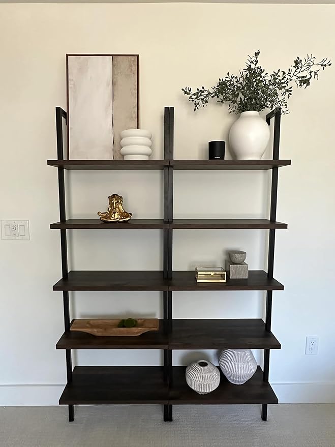 Nathan James Theo 5-Shelf Wood Modern Bookcase, Open Wall Mount Ladder Bookshelf with Industrial Metal Frame, Dark Brown Nutmeg/Black - LeafyLoom