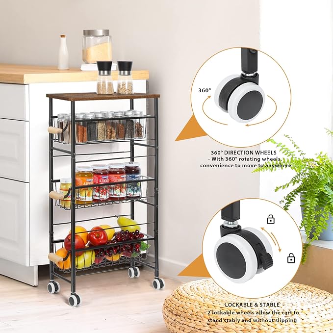 4-Tier Slim Storage Cart, Kitchen Rolling Utility Cart Bathroom Organizer Laundry Room Organization Mobile Shelving Unit with Slide-Out Metal Wire Baskets, Wooden Tabletop & Wheels for Narrow Space - LeafyLoom