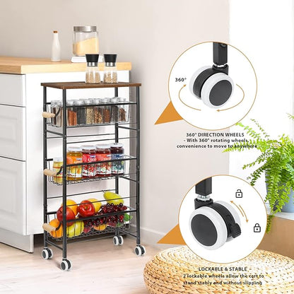 4-Tier Slim Storage Cart, Kitchen Rolling Utility Cart Bathroom Organizer Laundry Room Organization Mobile Shelving Unit with Slide-Out Metal Wire Baskets, Wooden Tabletop & Wheels for Narrow Space - LeafyLoom