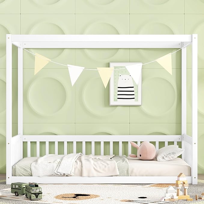 Twin Size Canopy Bed Frame with Guardrails for Kids,Floor Bed Twin with Four Poster Design,Kids Montessori Floor Bed,Wood Canopy Bed Frame for Girls,Boys(Twin,White) - LeafyLoom