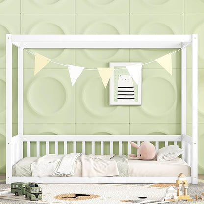 Twin Size Canopy Bed Frame with Guardrails for Kids,Floor Bed Twin with Four Poster Design,Kids Montessori Floor Bed,Wood Canopy Bed Frame for Girls,Boys(Twin,White) - LeafyLoom