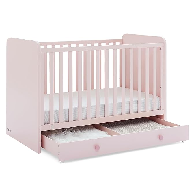 Delta Children babyGap Graham 4-in-1 Convertible Crib with Storage Drawer + Brannan Bear Bookcase with Bins + Brannan Bear Wall Shelf with 4 Hooks, Blush Pink/Dark Pink (Bundle) - LeafyLoom