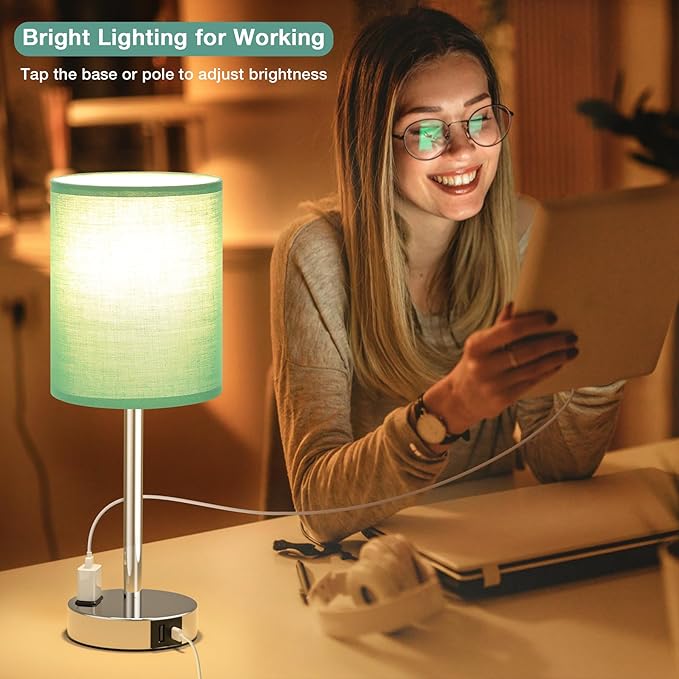 Innqoo Teal Touch Table Lamps Set of 2-3 Way Dimmable Bedside Lamp with USB C and A Ports and Outlets, Modern Nightstand Lamp with Silver Base, Small Bedroom Lamps for Kids Nursery - LeafyLoom