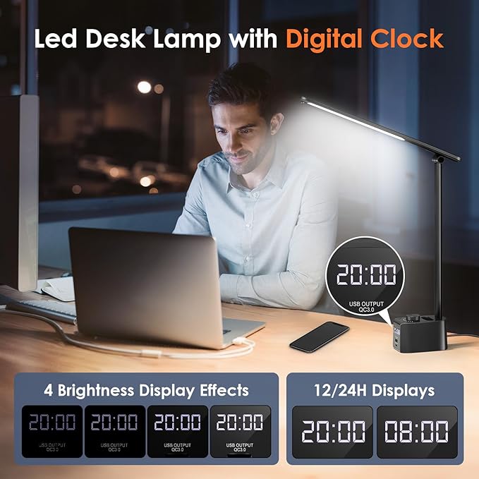 Desk Lamp for College Dorm Room,55 Lighting Modes Dorm Lamp for Dorm Desk Lamp,700 Lumen LED Desk Lamp with USB Charging Port,Desk Light with Clock+Pen Holder,Desk Lamps for Home Office Lamp for Desk - LeafyLoom