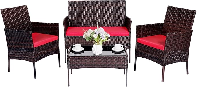 Patio Furniture Set 4 Pieces Conversation Sets Outdoor Wicker Rattan Chairs Garden Backyard Balcony Porch Poolside Loveseat with Soft Cushion and Tempered Glass Table(Brown/Red) - LeafyLoom