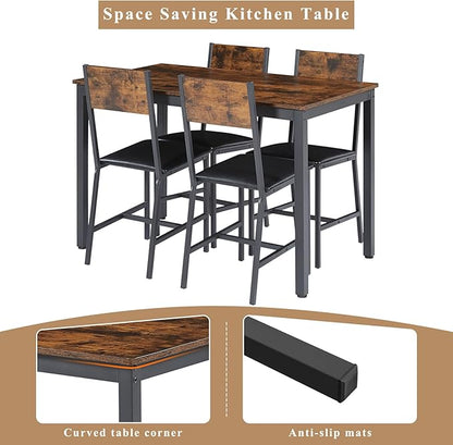 4 Chairs Dining Table Set for 4-8, Modern Space Saving Kitchen Desk, Wooden Industrial Style Farmhouse, 47", Leather Black Brown - LeafyLoom