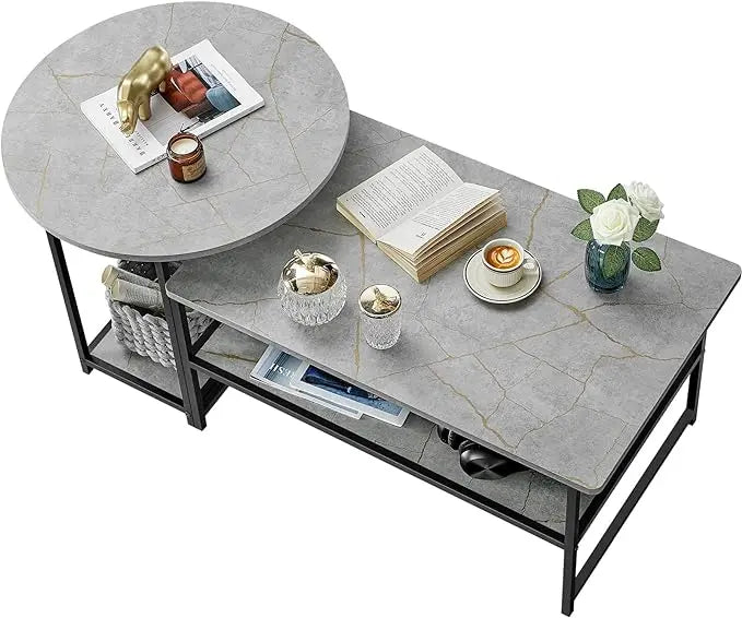 WOHOMO Coffee Table, Modern Style Coffee Tables for Living Room Marble Center Table with Storage 2 in 1Detachable Table Set,Grey Marble - LeafyLoom