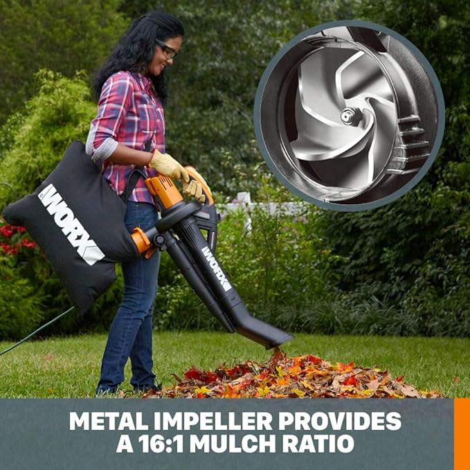 WORX WG505 TRIVAC 12 Amp 3-in-1 Electric Leaf Blower/Leaf Vacuum/Mulcher, Metal Impeller for Fine Mulching - LeafyLoom