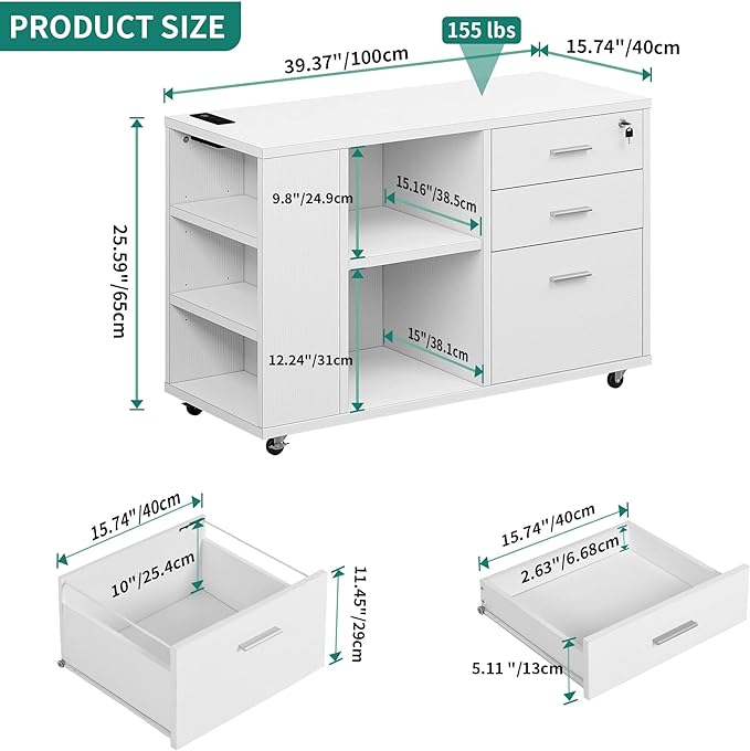 YITAHOME File Cabinet with Charging Station, Mobile Lateral Filing Cabinet with Lock for Home Office, Printer Stand with Open Storage Shelf, Fits A4, Letter, Legal Size Files, Office Furniture, White - LeafyLoom