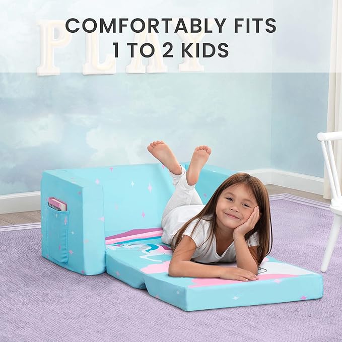 Delta Children Cozee 2-in-1 Convertible Sofa to Lounger For Bedroom - Lightweight,Portable Comfy Flip Open Couch/Sleeper for Kids, Blue Unicorn - LeafyLoom