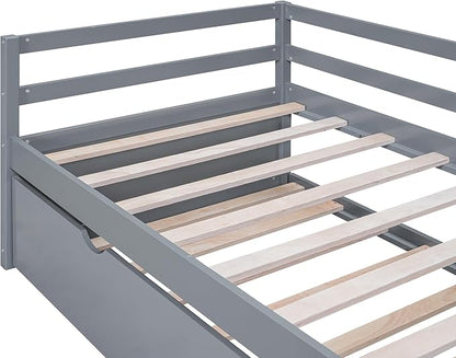 Twin Size Daybed with 2 Trundle,Multifunction Solid Wood Bed Frame,W/Wooden Slat Support,No Box Spring Needed,for Bedroom Apartment,Guest room,Gray - LeafyLoom