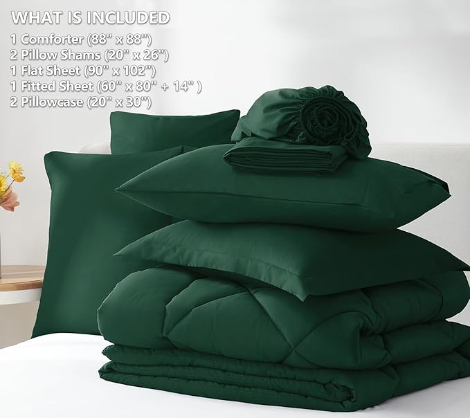 CozyLux Queen Comforter Set with Sheets 7 Pieces Bed in a Bag Emerald Green All Season Bedding Sets with Comforter, Pillow Shams, Flat Sheet, Fitted Sheet and Pillowcases - LeafyLoom