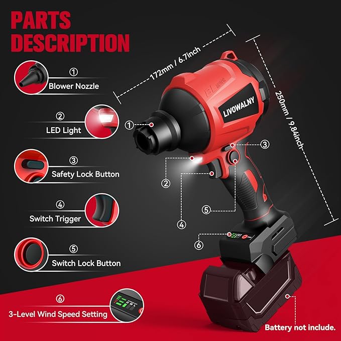 Cordless Dust Blower for Milwaukee m18 Battery, LIVOWALNY Leaf Blower Brushless Handheld Air Blower Sawdust Blower 447 MPH/39 CFM for Sawmill Room, Workshop Cleaning, Home Improvement (No Battery) - LeafyLoom