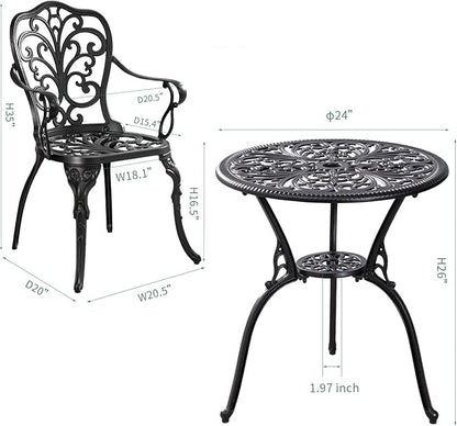 Bistro Table and Chairs Set of 2 Outdoor 3 Piece Bistro Sets Cast Aluminum Patio Bistro Set with Umbrella Hole, Patio Set for Garden, Black - LeafyLoom