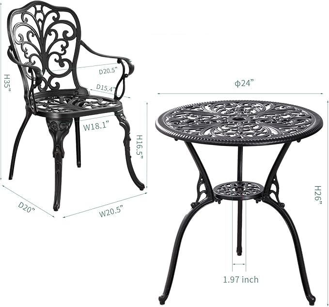 Bistro Table and Chairs Set of 2 with Umbrella Hole,Cast Aluminum Patio Bistro Sets 3 Piece,Outdoor Bistro Table Set,Patio Furniture Set for Front Porch Set,Garden(Butterfly Black) - LeafyLoom