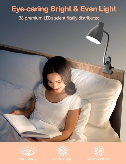 BOHON Desk Lamp 3 Color Modes 10 Brightness Dimmer Reading Light 10W 38 LED Clamp Lamp with Auto Off Timer 360° Flexible Gooseneck Clip on Light for Bed Bedside, AC Adapter Include - LeafyLoom