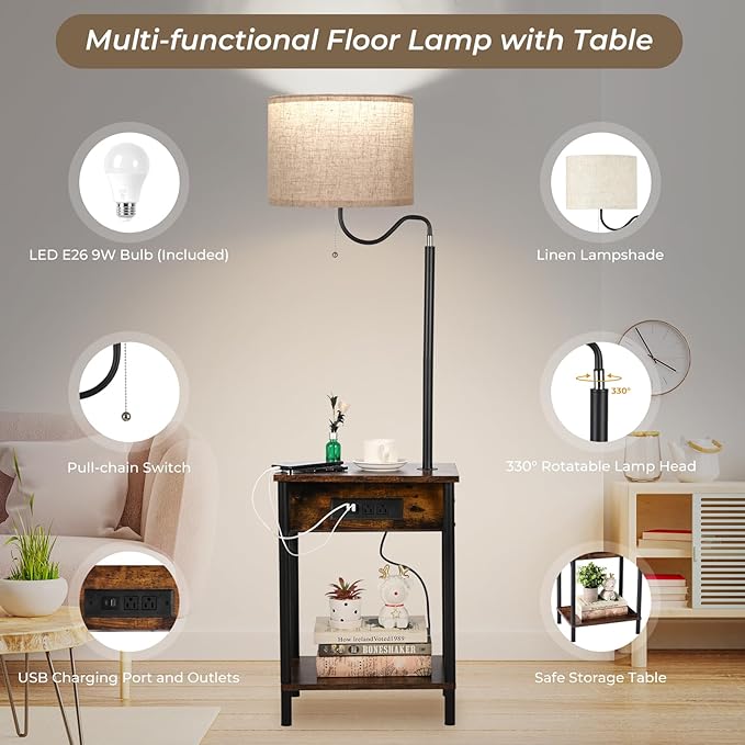 FIMEI Floor Lamp with Table, End Table with Charging Station USB Ports & Outlets, Bedside Table 3 Color Temperature Reading Light, Nightstand with Shelves for Living Room, Bedroom, Apartment - LeafyLoom