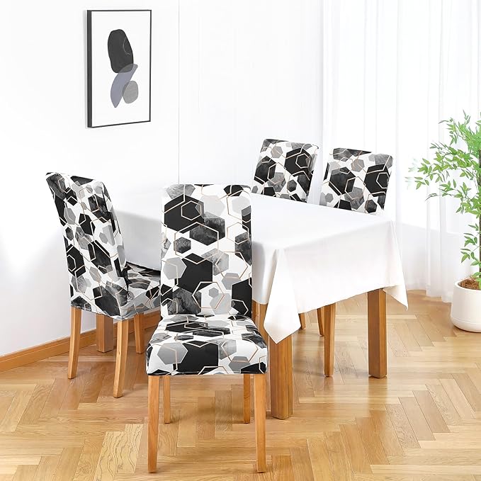 Gibelle Dining Room Chair Covers Set of 4, Soft Stretch Kitchen Chair Covers Slipcover Protector, Removable Washable Geometric Parson Chair Covers 4 Pack, Black Gibelle