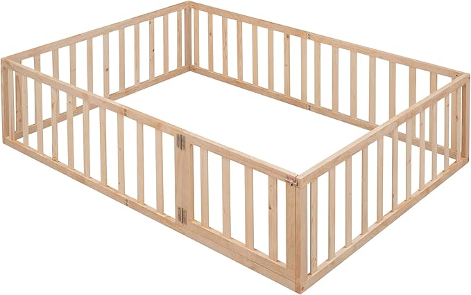 Multifunctional Full Size Floor Bed with Safety Guardrails and Door, Montessori Sturdy Solid Wood Beds Frame, Easy Assembly and No Spring Need, for Boys and Girls Room, Natural - LeafyLoom