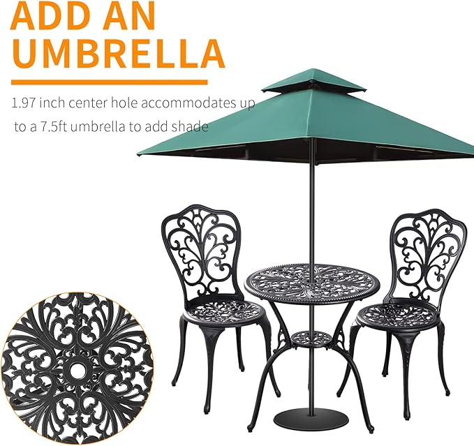 Patio Bistro Set 3 Piece Outdoor,Cast Aluminum Outdoor Bistro Table and Chair Set of 2 with 1.97" Umbrella Hole,All Weather Metal Bistro Table Set for Front Porch Set(Butterfly Black) - LeafyLoom