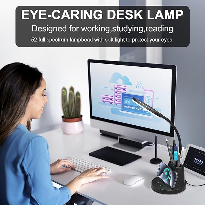 comzler LED Desk Lamp with Wireless Charger Pen Phone Holder, Black Desk Lamp for Home Office, Dimmable Desk Light 3 Color Modes, College Dorm Study Lamp for College Dorm, CRI 90 800 Lumen - LeafyLoom