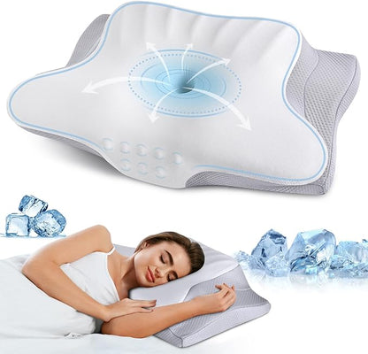 Cervical Neck Pillow Memory Foam Pillows Cooling Pillow for Neck Pain Relief, Ergonomic Orthopedic Neck Support Contour Bed Pillow for Side Back Stomach Sleepers with Washable Ice Silk Pillowcase - LeafyLoom