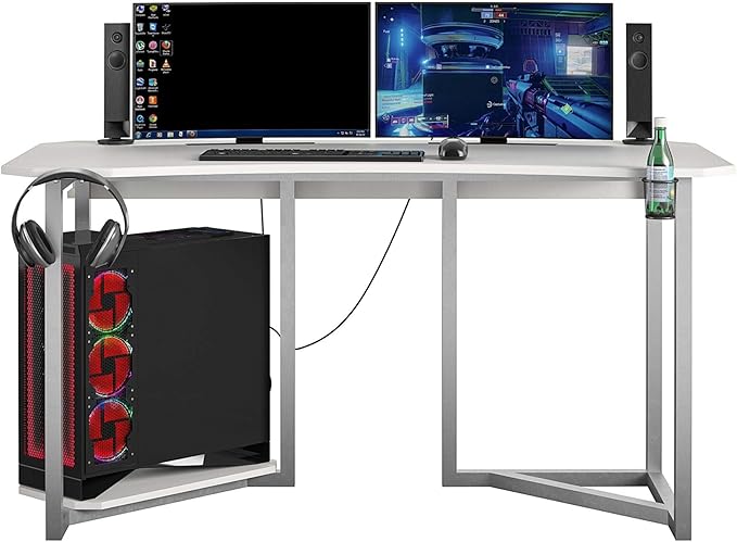 Quest Gaming Desk with CPU Stand, White - LeafyLoom