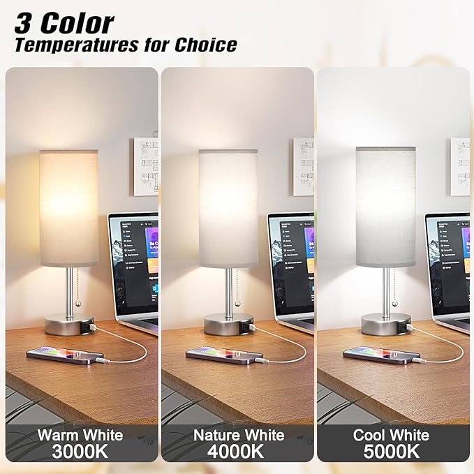 Grey Table Bedside Lamp for Bedroom Nightstand - Small Silver Lamp with USB A + C Charging Port, 3 Color Temperatures Pull Chain Night Stand Light with Bulb, Side Table Desk Lamp for Living Room - LeafyLoom