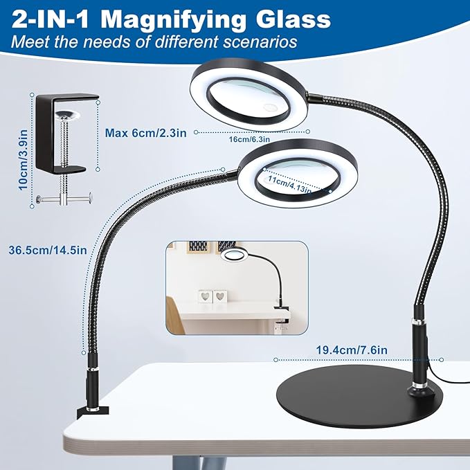 NZQXJXZ 2-in-1 Magnifying Glass with Light and Stand 20X 10X Magnifying Lamp with Large Base & Clamp, 72 LEDs, 3 Color Modes and10 Stepless Dimmable, Desk Magnifier for Hobbies, Reading, Jewelry - LeafyLoom