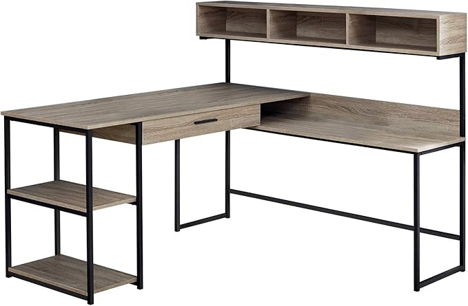 Monarch Specialties Workstation for Home & Office with Multiple Shelves and Drawer L-Shaped Corner Desk with Hutch, 60" L, Dark Taupe/Black Frame - LeafyLoom