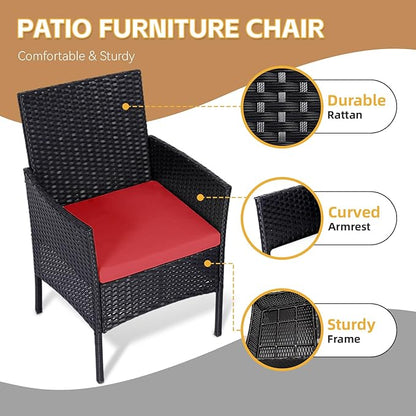 Patio Furniture Set 3 Pieces All-Weather Rattan Outdoor Furniture Patio Chairs with Tempered Glass Table for Porch Bistro Balcony Bistro Set(Black/Red) - LeafyLoom