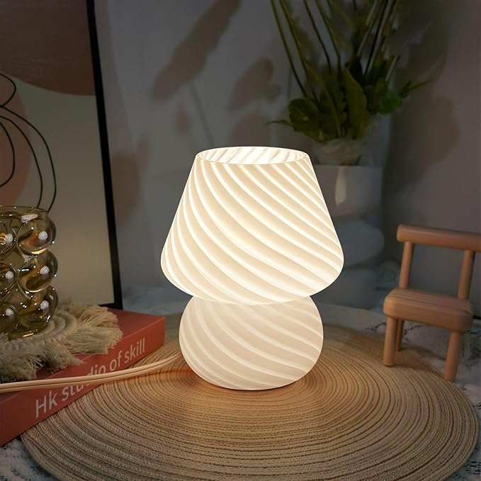 Mushroom Lamp-Small Bedside Table Lamp with Striped Glass, Nightstand Lamp for Bedroom, Living Room, 3000K E26 Bulb Included(White) - LeafyLoom