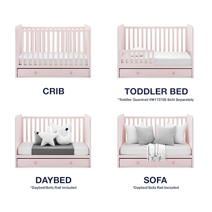 GAP babyGap Graham 4-in-1 Convertible Crib with Storage Drawer - Greenguard Gold Certified, Blush Pink/Dark Pink - LeafyLoom