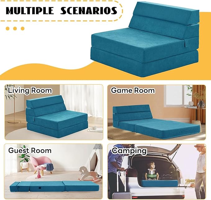 jela Sofa Bed Foldable Mattress Luxury Miss Fabric, Folding Sleeper Sofa Chair Bed Floor Mattress Floor Couch, Fold Out Couch Futon Mattress for Guest Room, Living Room (83"x33",Lightblue) - LeafyLoom