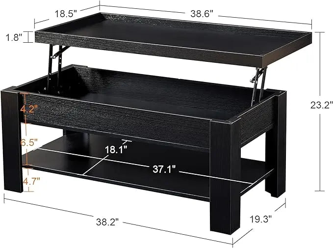 VECELO Lift Top Coffee Table with Storage Shelf and Hidden Compartment for Living Room/Office Reception, Black - LeafyLoom