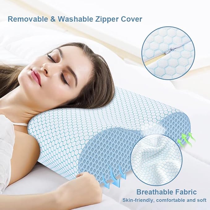 Anvo Memory Foam Pillow, Neck Contour Cervical Orthopedic Pillow for Sleeping Side Back Stomach Sleeper, Ergonomic Bed Pillow for Neck Pain - Blue White, Firm - LeafyLoom