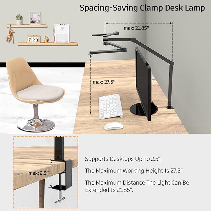 Transformable LED Desk Lamp, 41.5" Large Architect Desk Lamp with Clamp, 3 Light Bars Desk Light for Home Office, 24W Auto Dimming Office Lighting Table Light for L Shaped Desk - LeafyLoom