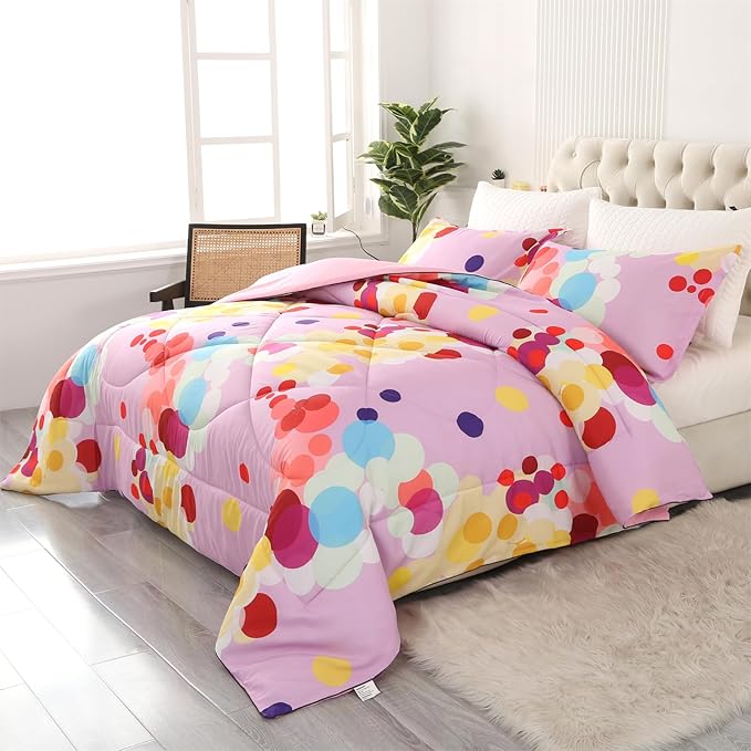 ENCOFT Pink Comforter Set Full for Girls and Boys Premium 3 Piece Rainbow Colorful Bubbles Bedding Set Kids Bed in A Bag All Season Comfortable for Teens and Adults with 1 Comforter and 2 Pillowcases - LeafyLoom