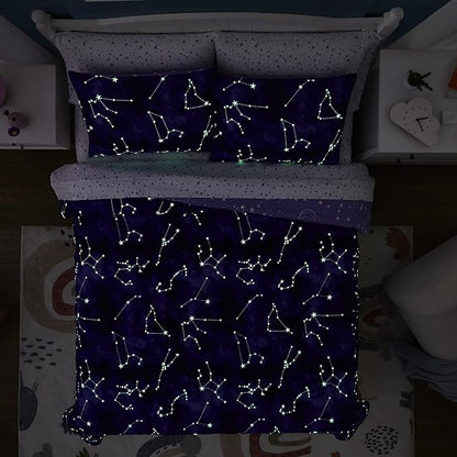 Comforter Set with Bedding - 5 Pieces Twin Bed in a Bag with Comforter, Sheets, Pillowcase & Sham - Glow in The Dark Galaxy - LeafyLoom