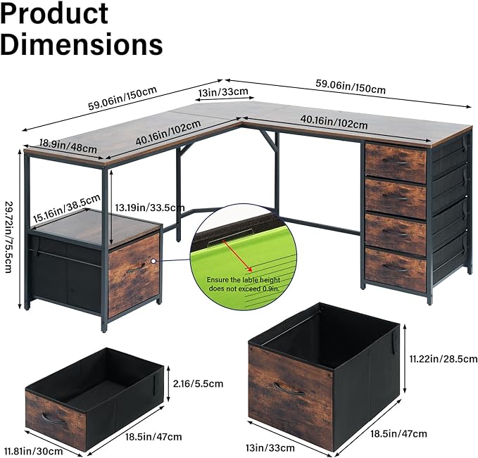 TOPSKY L-Shaped Desk Corner Computer Desk with 18.9" Depth Workstation, Cloth File Cabinet for Letter Size File Folder and 4 Cloth Storage Cabinets (Bamboo, 59 * 59 inch) - LeafyLoom