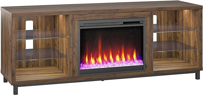 Ameriwood Home Lumina Fireplace TV Stand for TVs up to 70 Inch, Replaceable Electric Fireplace Insert Heater, Remote Control, Timer, Color Changing LED Lights, Crystal Ember Flames, Walnut - LeafyLoom