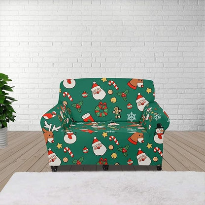 FKELYI Christmas Decorations Green Sofa Slipcover Santa Claus Stretch Sofa Couch Cover for Indoor Washable Furniture Protector with Elastic Bottom S FKELYI