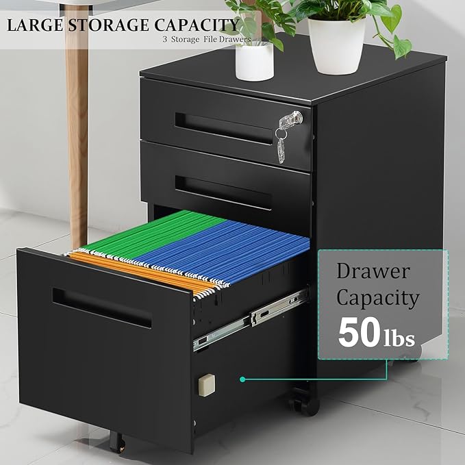 3-Drawer Mobile File Cabinets Rolling Metal Filing Cabinet for Legal & Letter File Anti-tilt Design with Lock Under Desk Office Drawers Fully Assembled Except Casters Black(Style 3) - LeafyLoom